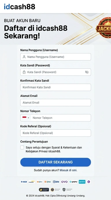 Tampilan halaman daftar idcash88